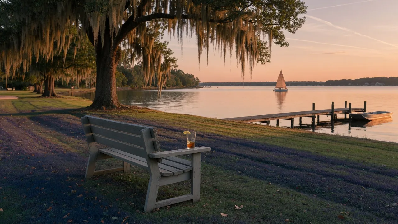 A wooden park bench under a live oak beside calm Lake Murray water near Lexington, South Carolina at golden hour