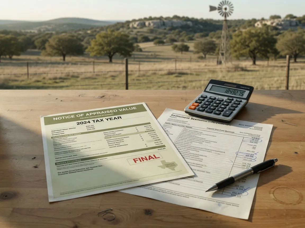 A property tax appraisal notice and settlement statement on a wooden desk with a calculator beside a soft-focus Hill Country view