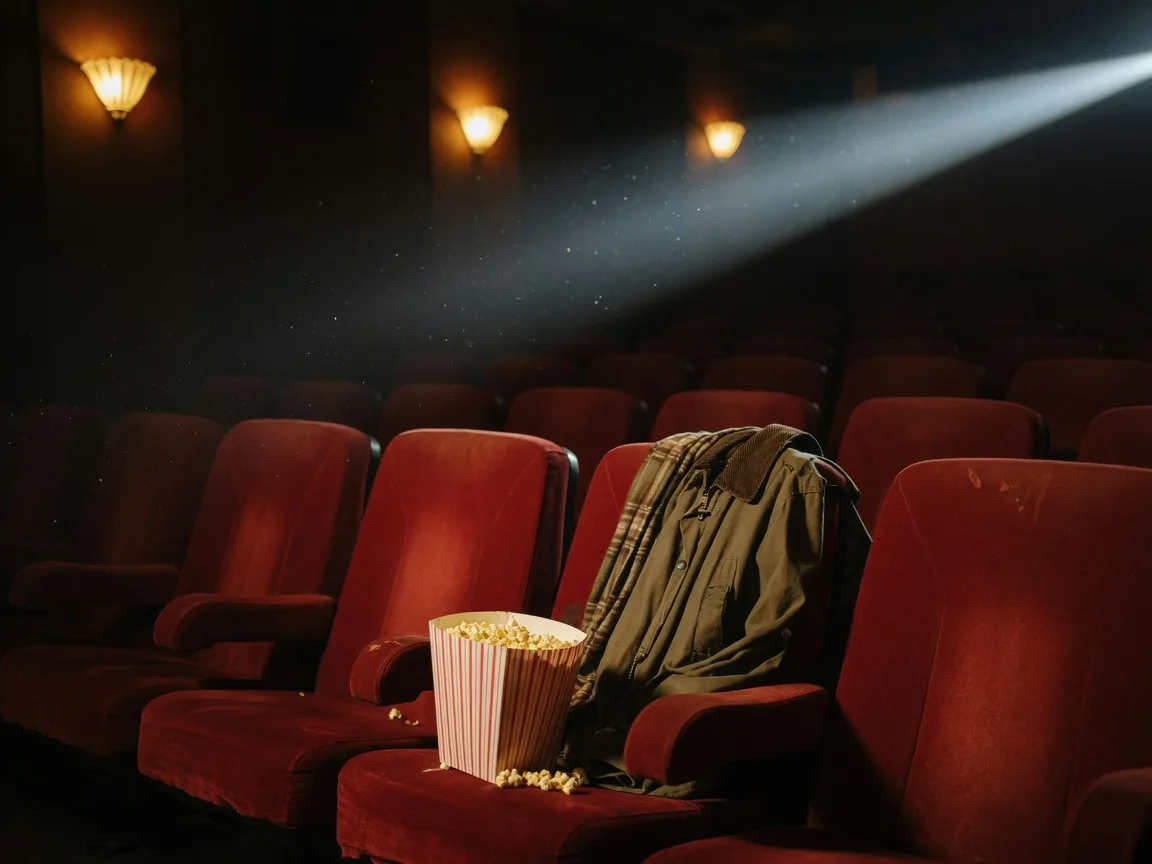 Plush red theater seats with a warm projector beam of light cutting through a dark auditorium and autumn jackets draped over a seat