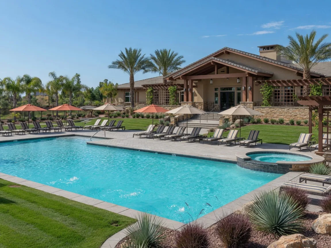 A resort-style pool and amenity center at a Temecula 55+ active adult community