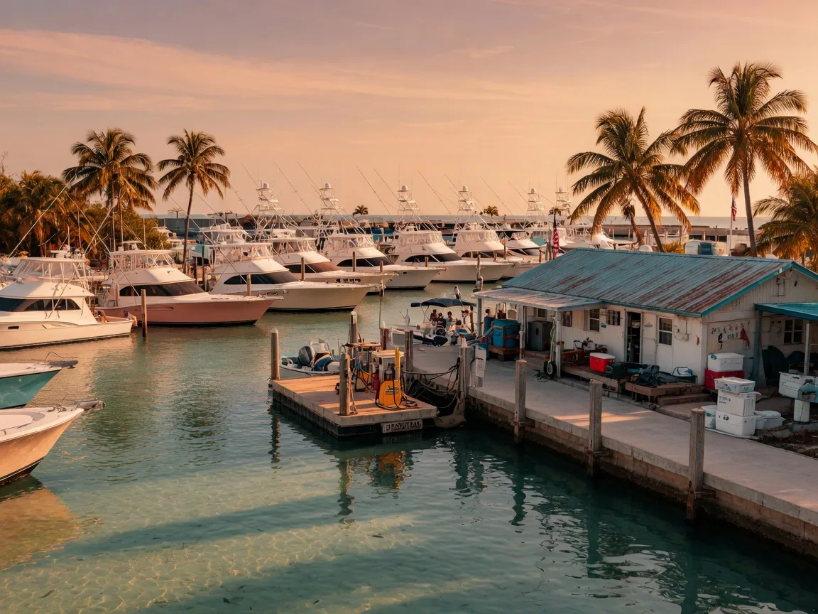 A full-service Florida Keys marina at golden hour, rows of large sportfishing yachts and cruisers moored along concrete docks beside a fuel dock with a tin roof, palm trees, and sparkling turquoise water