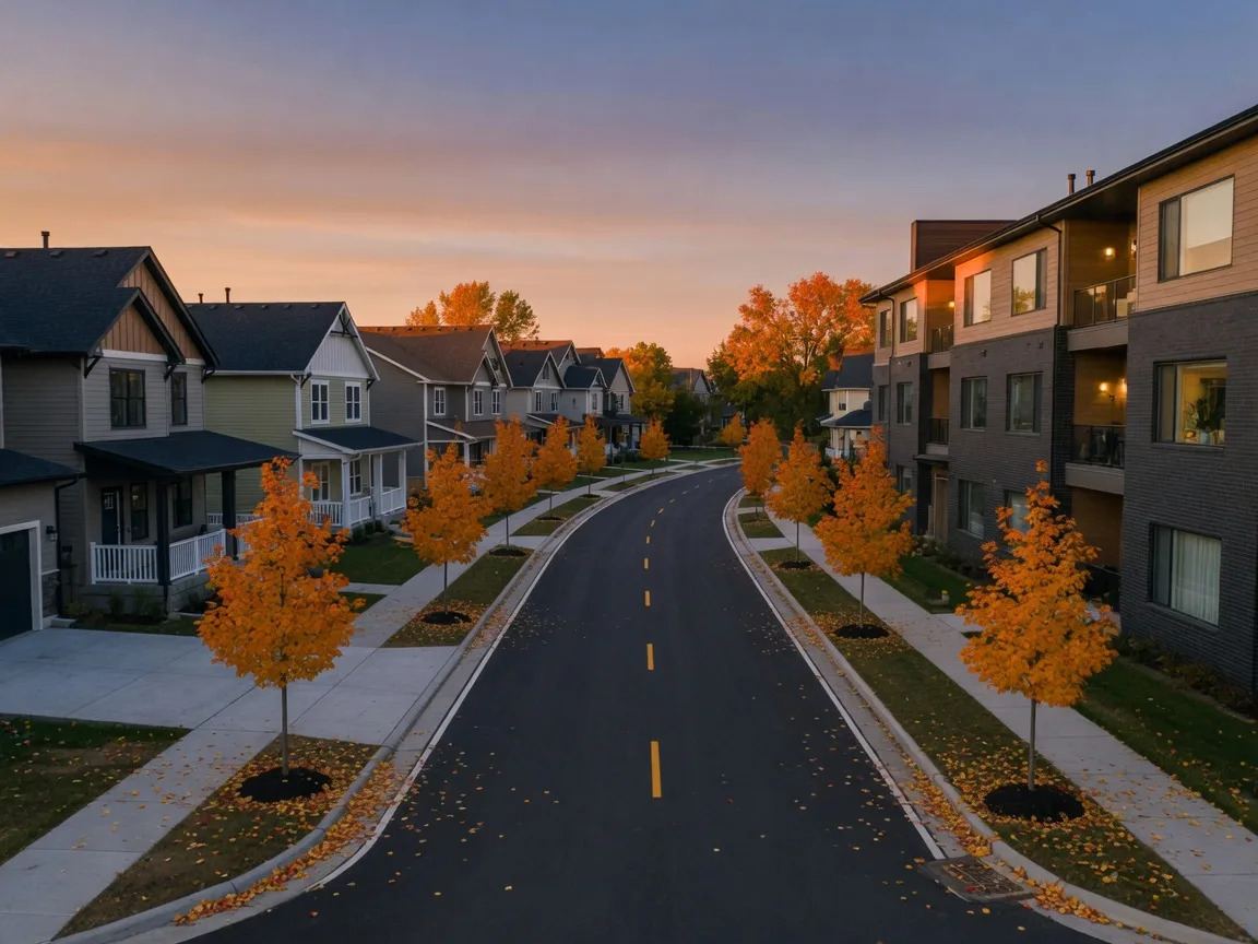 A new residential street in central Minnesota at dusk, young maples in fall color beside new homes and an apartment building with warm windows lit