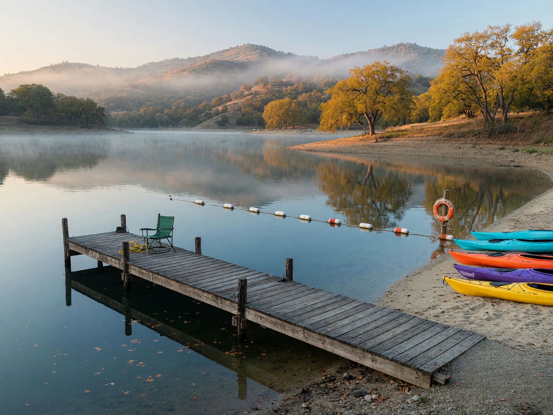 A quiet no-wake reservoir in the California foothills near Merced County on a crisp October morning, a wooden fishing dock reaching into calm blue-green water, golden oak-covered hillsides on the far shore, a small swim beach with a floating rope line and orange life ring, and a few kayaks pulled up at a seasonal marina