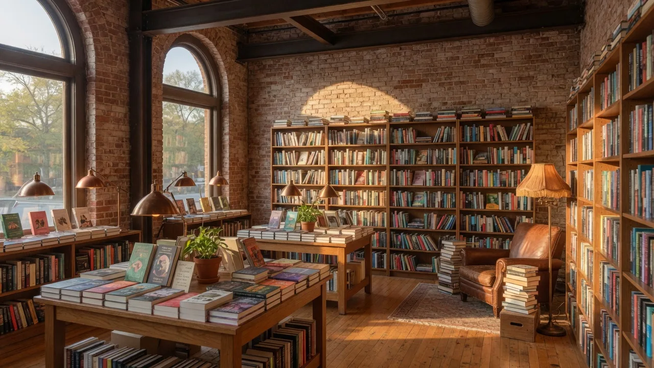 The warm interior of an independent bookstore in a historic brick building with tall bookshelves, a display table of new releases, brass reading lamps, and a leather reading chair in late-afternoon light