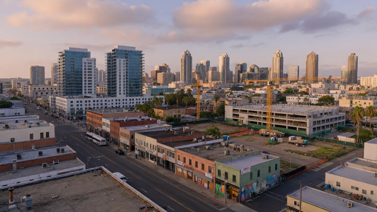 San Diego downtown skyline and East Village neighborhood at golden hour, showing development parcels and construction cranes in a revitalization district