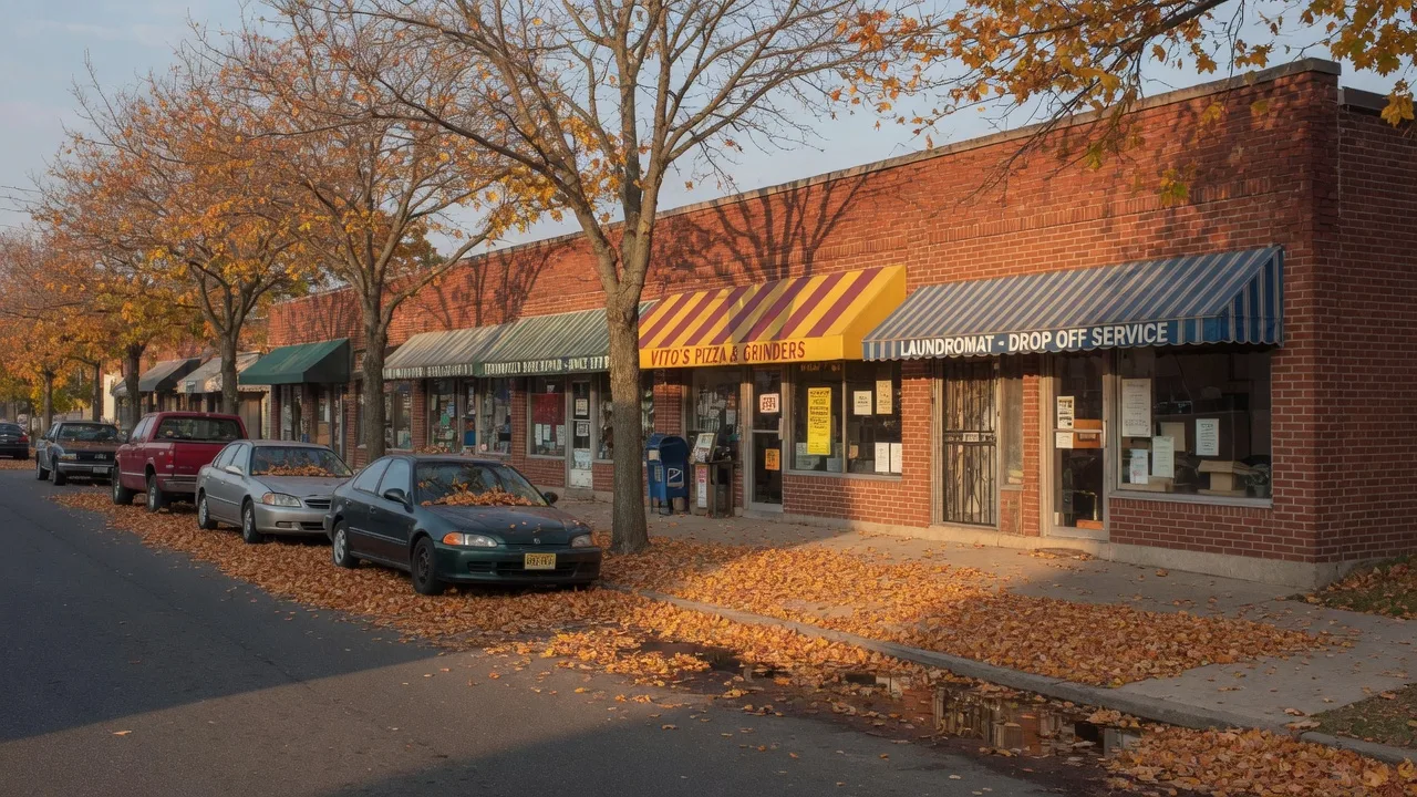 A single-story strip of brick storefronts in a Bloomfield NJ neighborhood business district on a late-October afternoon, awnings, parked cars, and oak trees dropping golden leaves