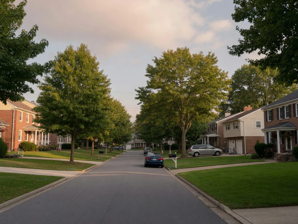 Tree-lined residential street in Plymouth Meeting, Pennsylvania with colonial and split-level homes in late afternoon light