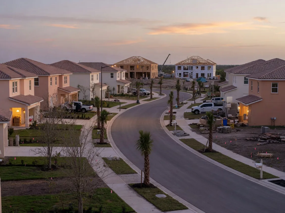 A growing coastal Florida community at dusk, with new tile-roof homes spreading inland along a tree-lined boulevard