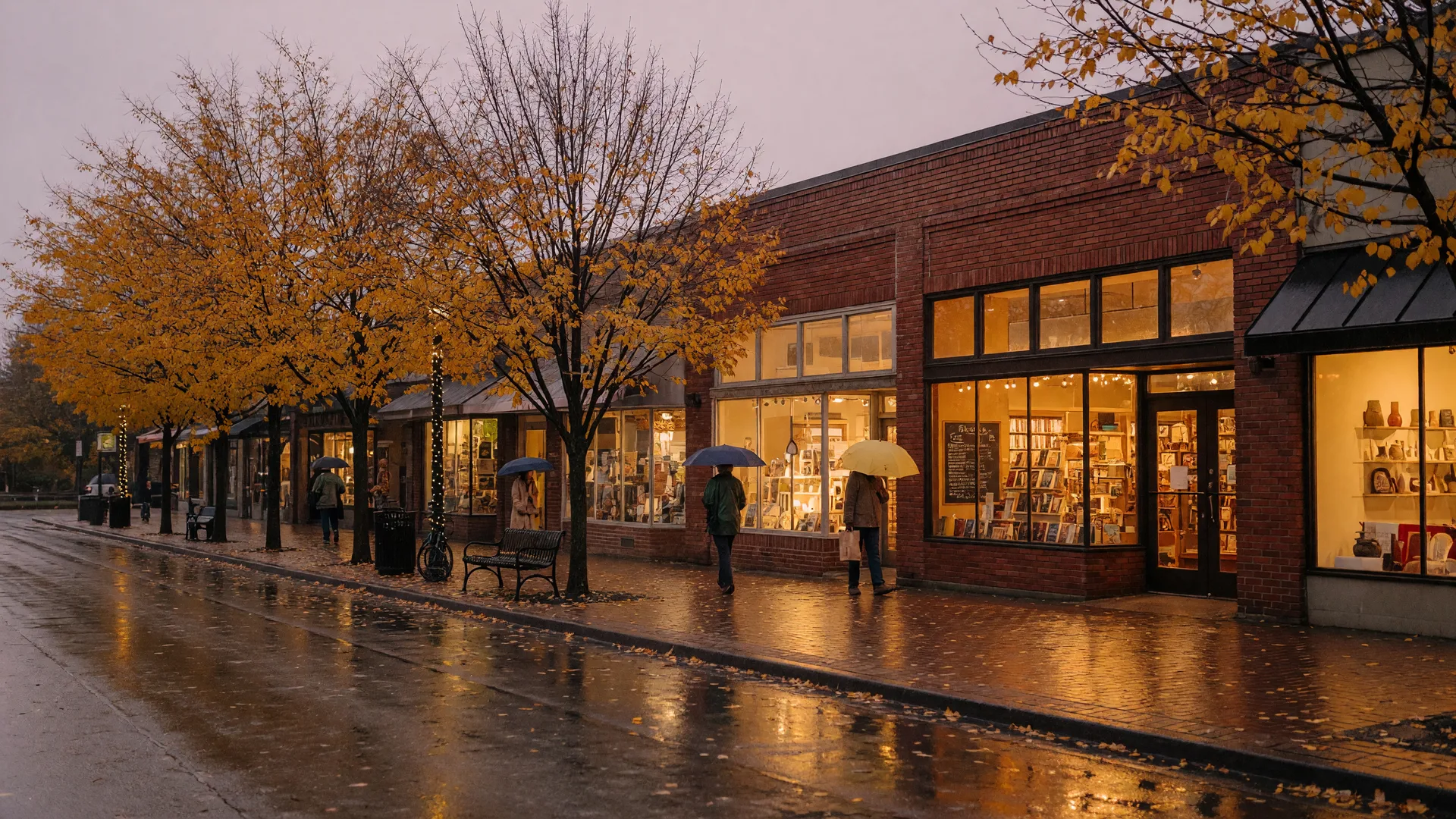 A Pacific Northwest village shopping street on a rainy late-autumn morning with golden maples, glowing storefront lights and pedestrians with umbrellas