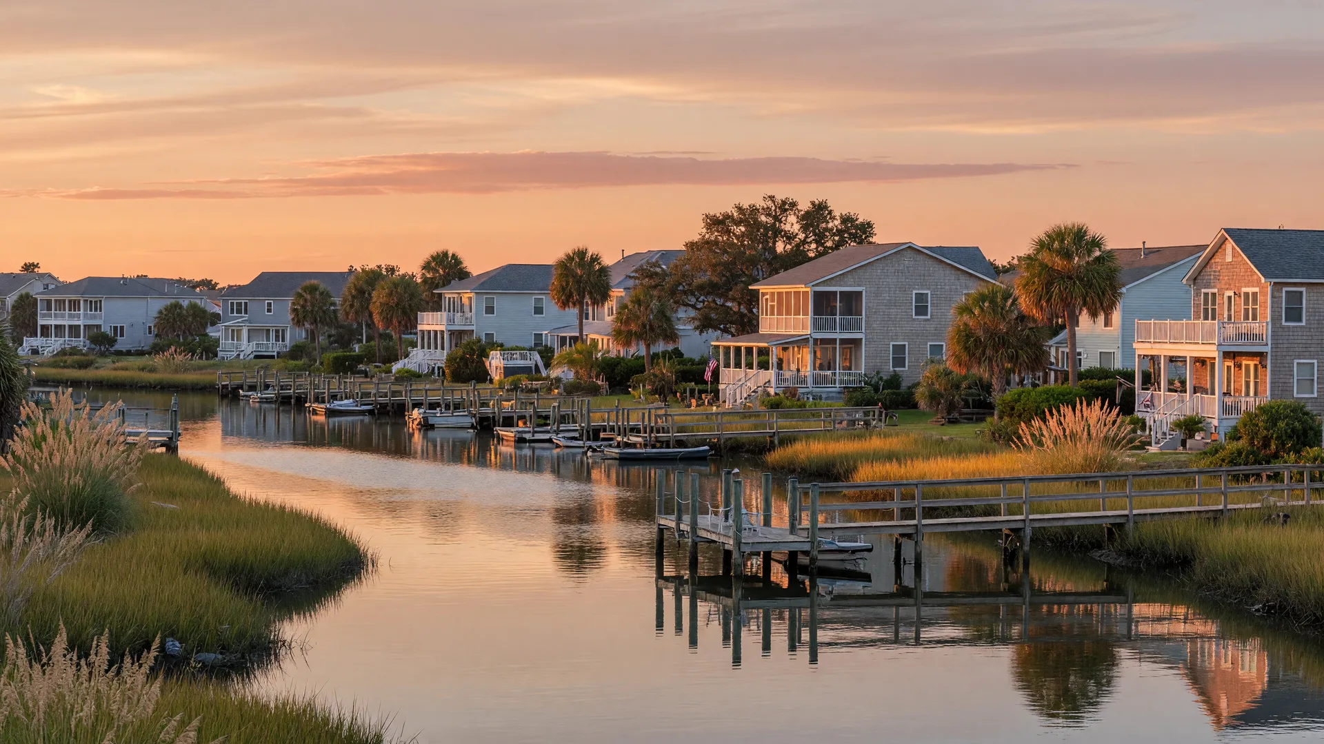 Virginia Beach waterfront canal at golden hour with coastal homes, docks, and a wooden pier reflecting warm sunset light