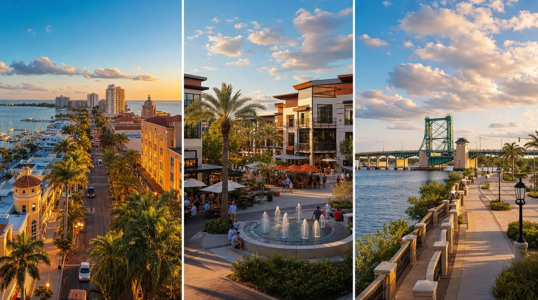 Three vibrant downtown districts in Southwest Florida at golden hour — Sarasota's Main Street, Lakewood Ranch's plaza, and Bradenton's Riverwalk