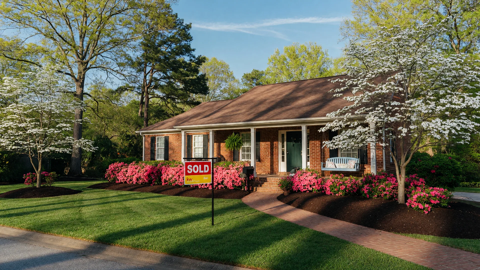 Beautiful suburban home in Georgia with a Sold sign in the front yard, blooming spring flowers, and a welcoming front porch on a warm morning