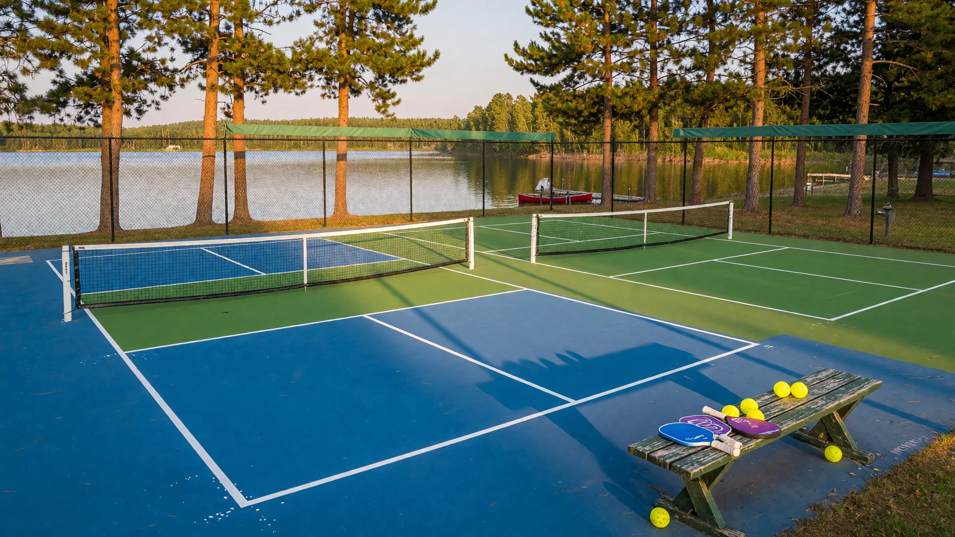 Freshly painted outdoor pickleball courts with white lines near a pine forest and a glimpse of a lake