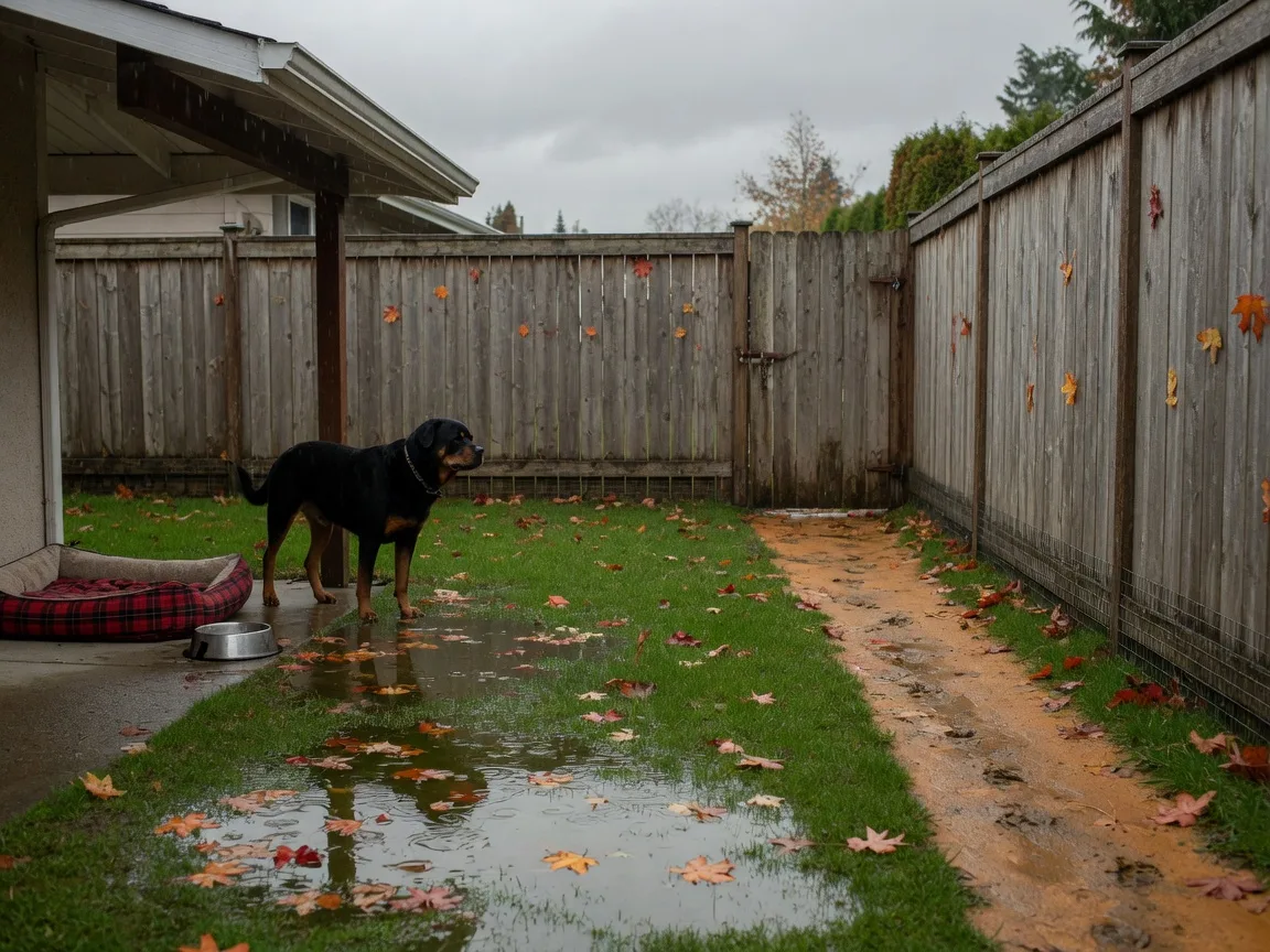 A fenced backyard in Victoria on a drizzly October afternoon with a soggy lawn, puddles, and a dog waiting under a covered patio