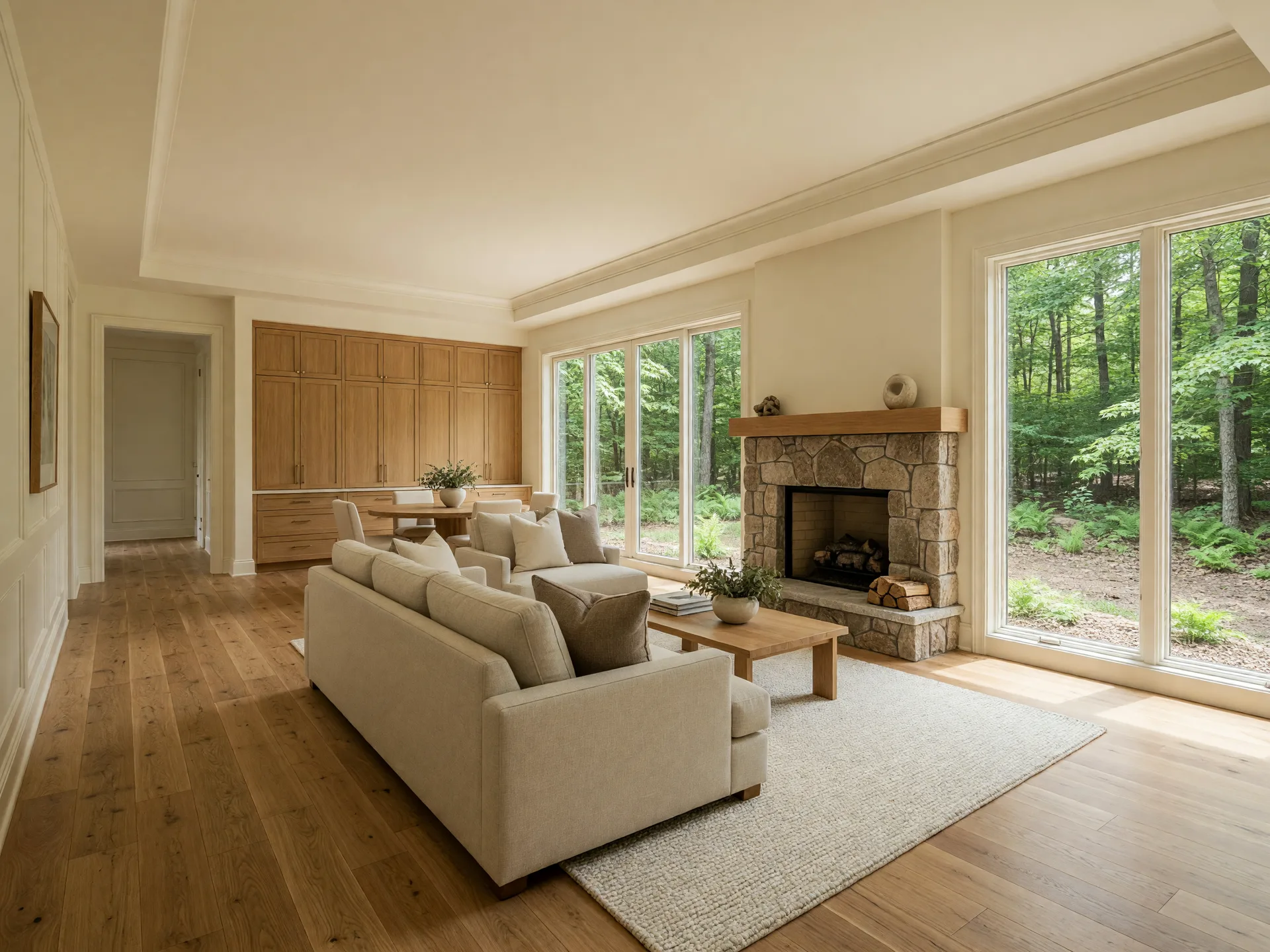 Bright open-concept great room with a stone fireplace in a right-sized one-level Knoxville home