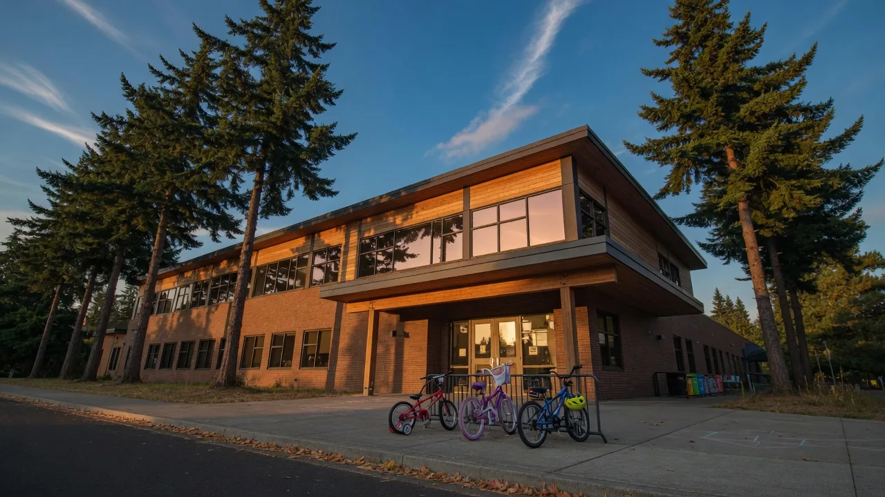 A modern elementary school in the Bethany neighborhood with brick and wood accents, large windows and Douglas firs at golden hour