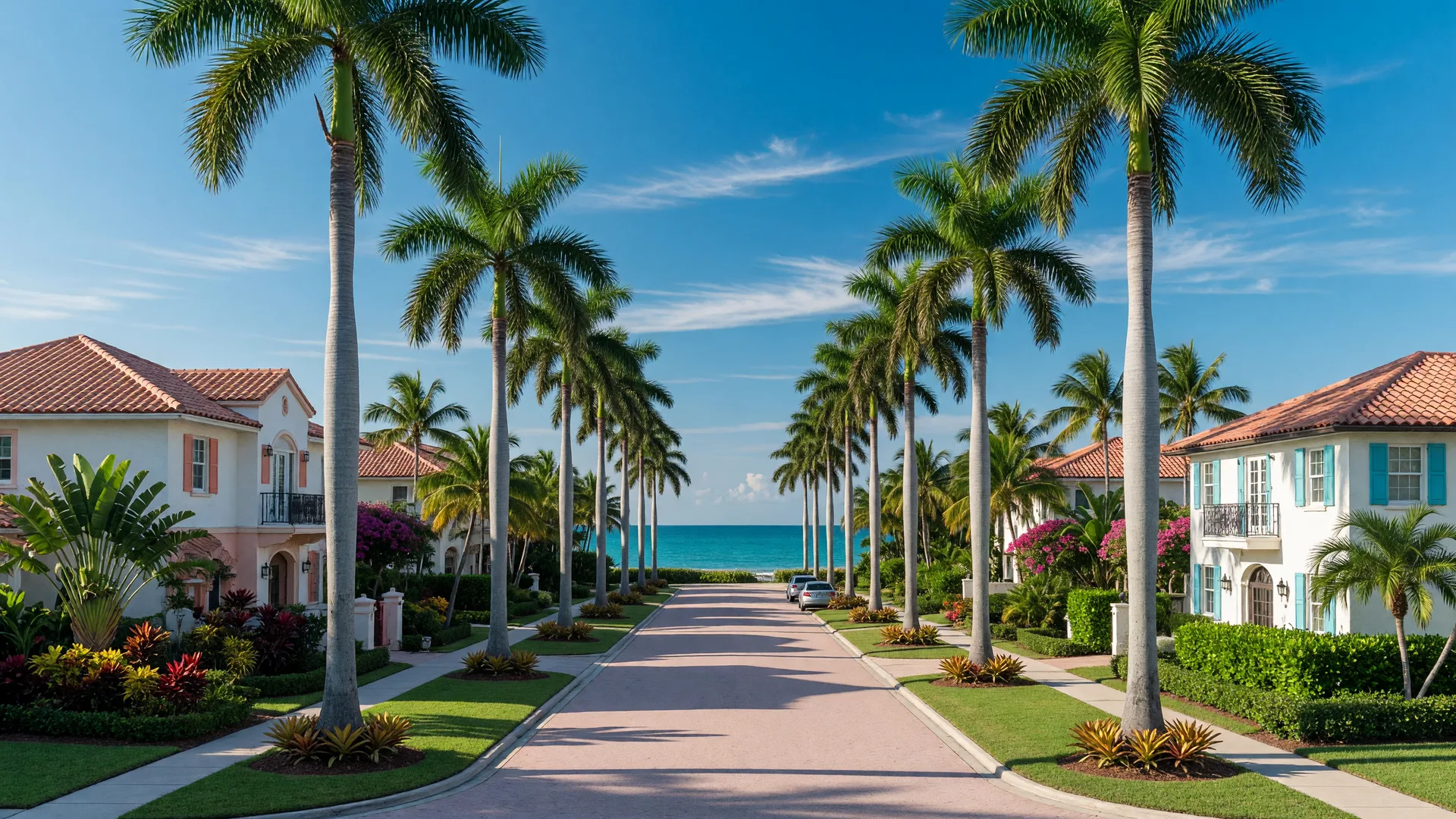 Palm-lined coastal boulevard in Naples, Florida with the Gulf of Mexico visible in the distance