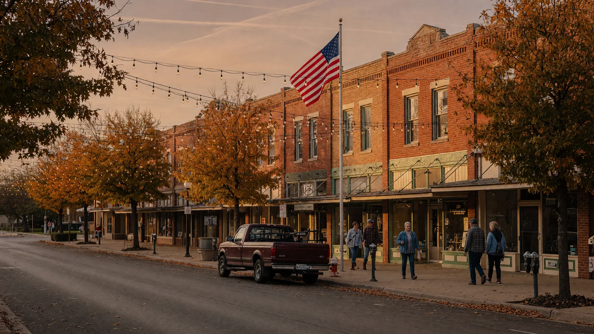Small-town Texas Main Street in mid-fall with brick storefronts, amber trees, and glowing string lights at golden hour