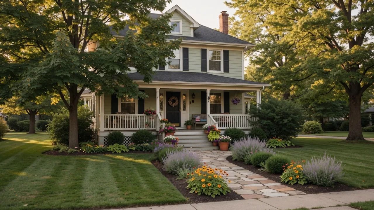 A charming Michigan home with excellent curb appeal, manicured lawn, stone pathway, and welcoming front porch in late summer