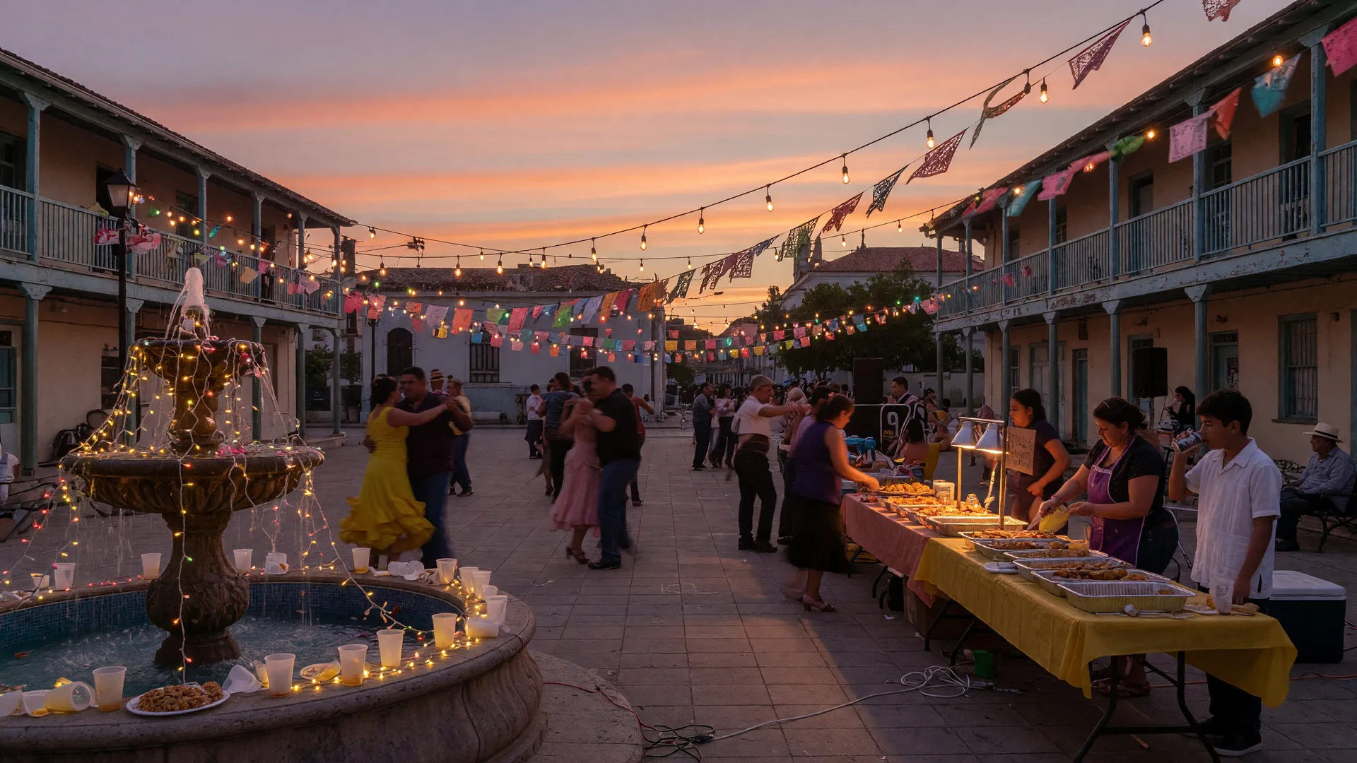 An open-air salsa night on a small town square at dusk with string lights, a central fountain, distant dancing couples as soft silhouettes, and a warm coral evening sky