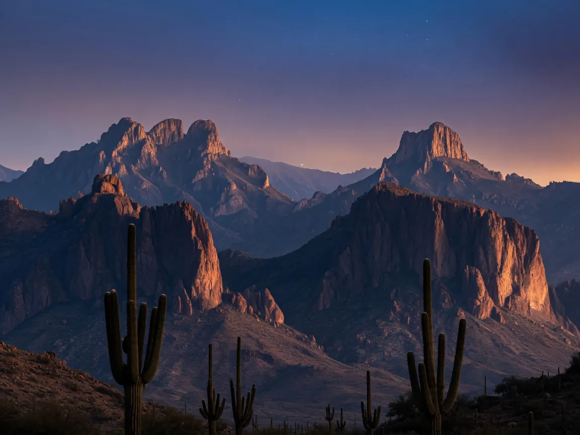 Superstition Mountains silhouetted at dusk with saguaro cacti in the foreground