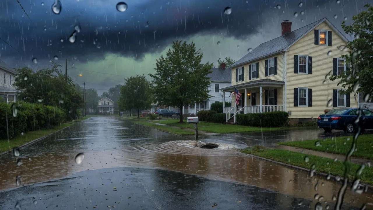 Storm clouds over a South Jersey residential street with water pooling on the road and a colonial-style home in the background