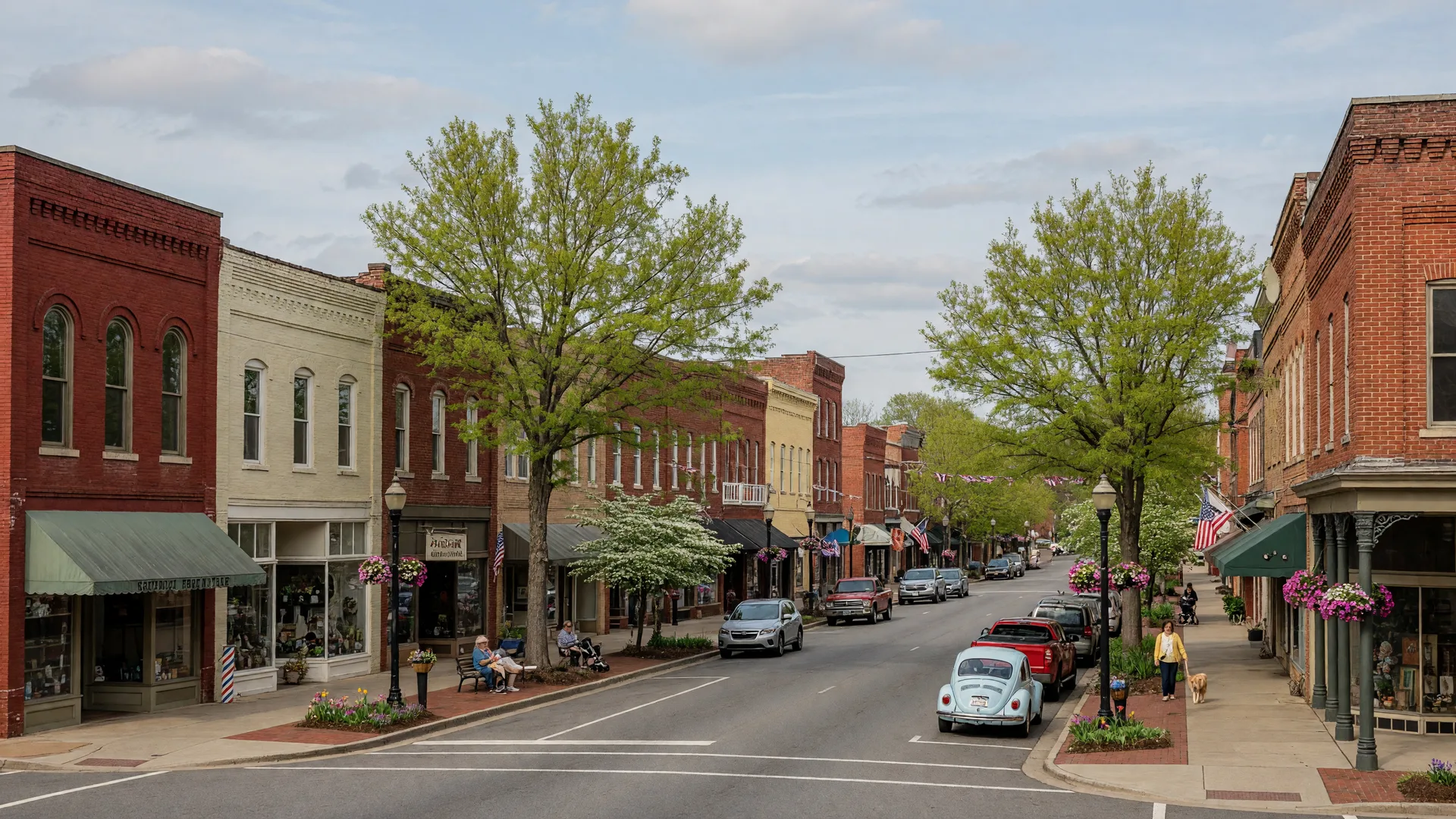 Downtown Mebane, North Carolina main street with historic brick buildings and storefronts