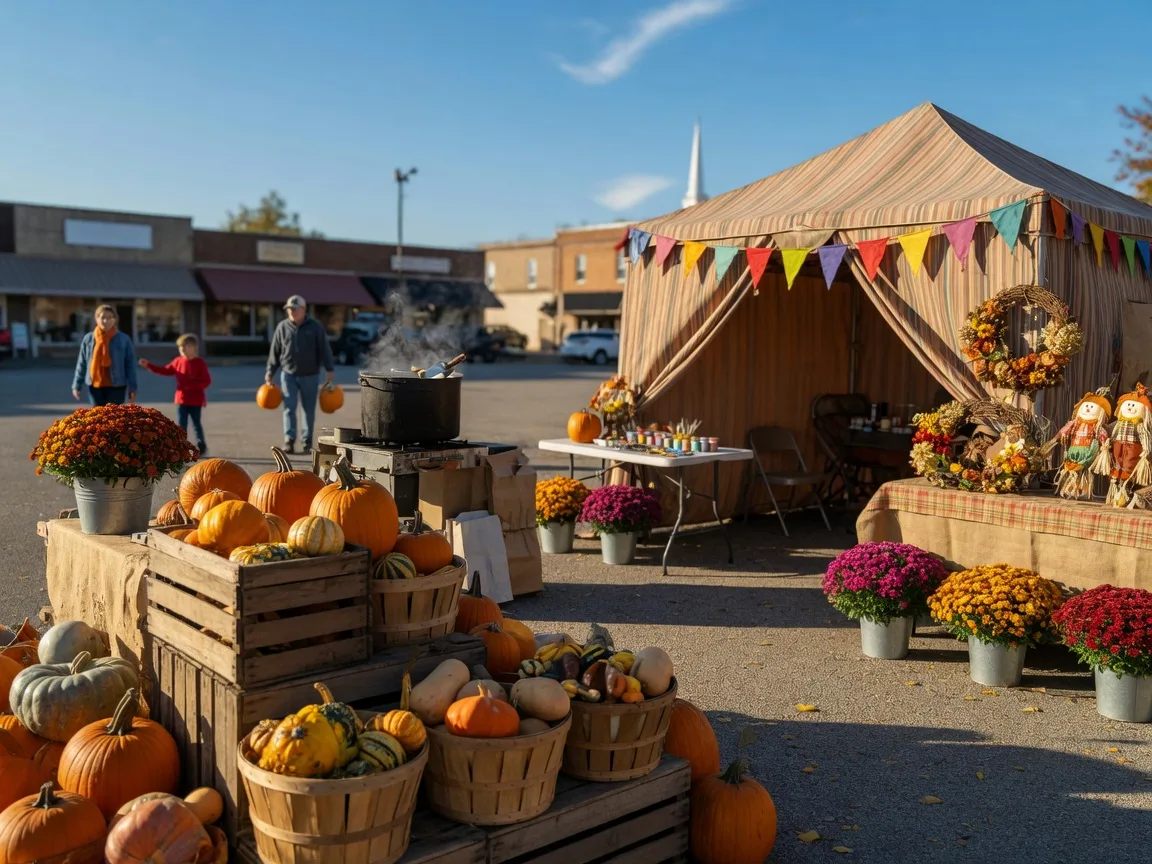 Autumn pumpkin festival and farmers market on a bright October morning with wooden crates stacked with pumpkins and gourds, craft vendor tables, a face-painting tent, and a kettle corn stand