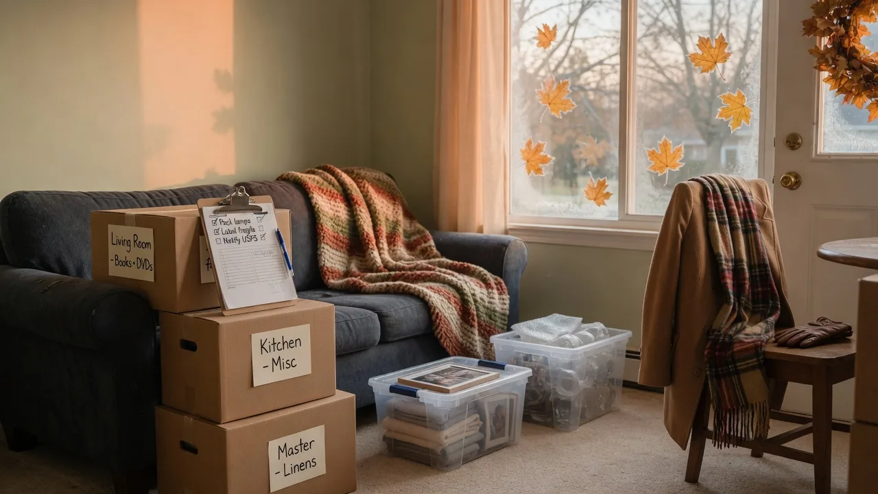 A cozy photograph of a Northwest Indiana living room mid-packing for a November move with labeled cardboard boxes, a clipboard checklist, a knit blanket, and a coat and scarf by the front door