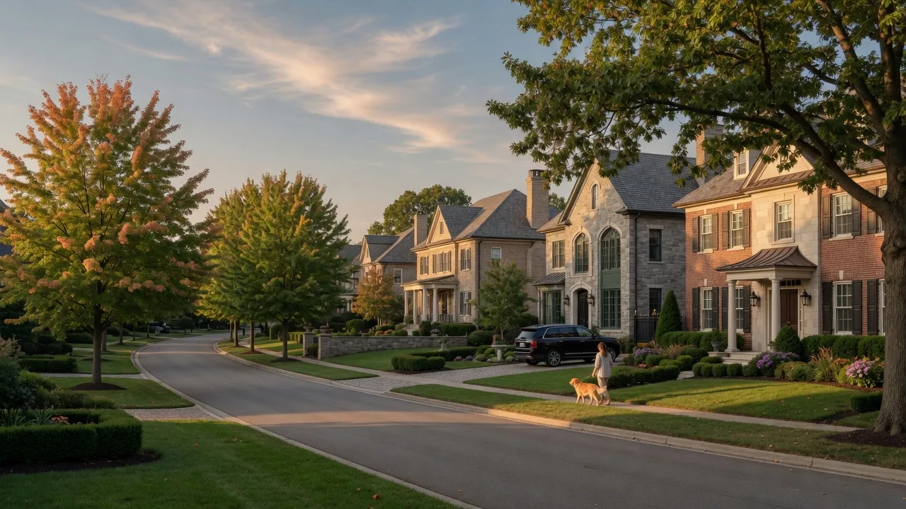 Upscale Westlake, Ohio residential street with stone and brick custom homes and mature trees in warm early September light