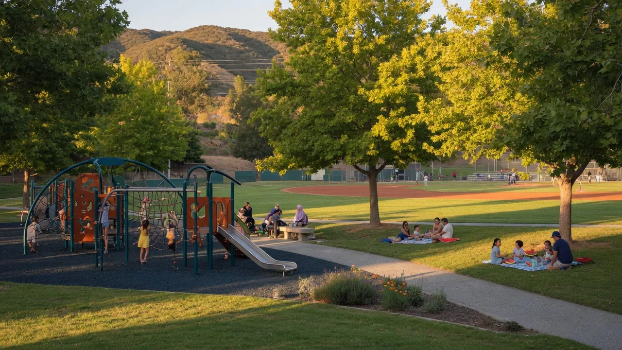Newly renovated David March Park in Santa Clarita Valley with modern playground and shade trees