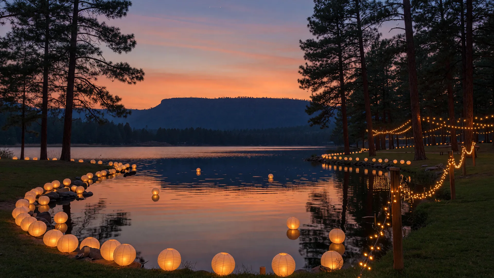 Paper lanterns glowing along the shoreline of Green Valley Lake in Payson, Arizona at dusk, with Ponderosa pines and the Mogollon Rim in the background