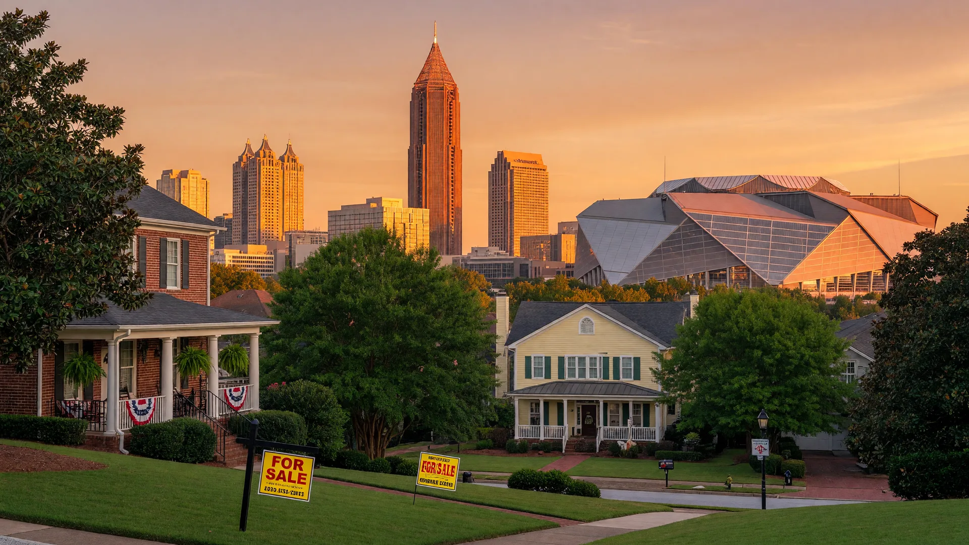 Atlanta skyline at golden hour with residential homes and For Sale signs in the foreground, representing the market transition toward buyer-friendly conditions