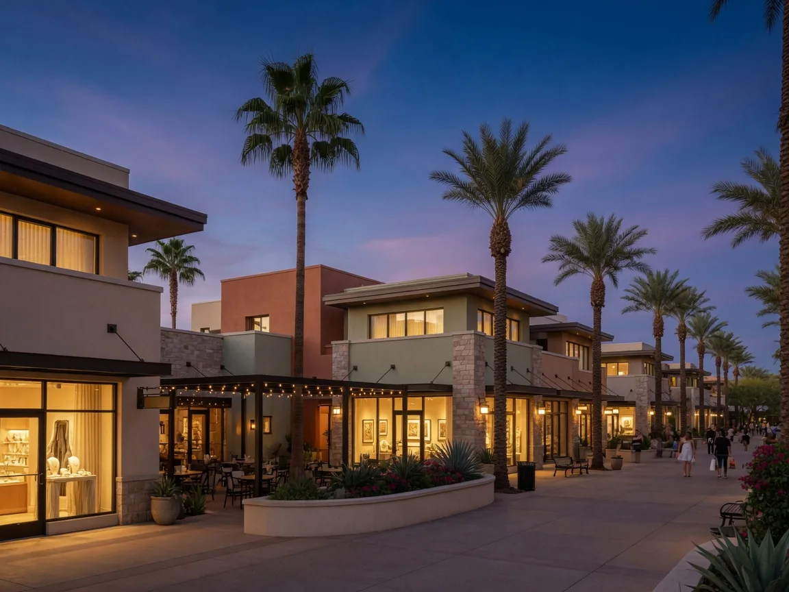 Upscale Scottsdale resort-retail promenade with boutiques and restaurants at dusk