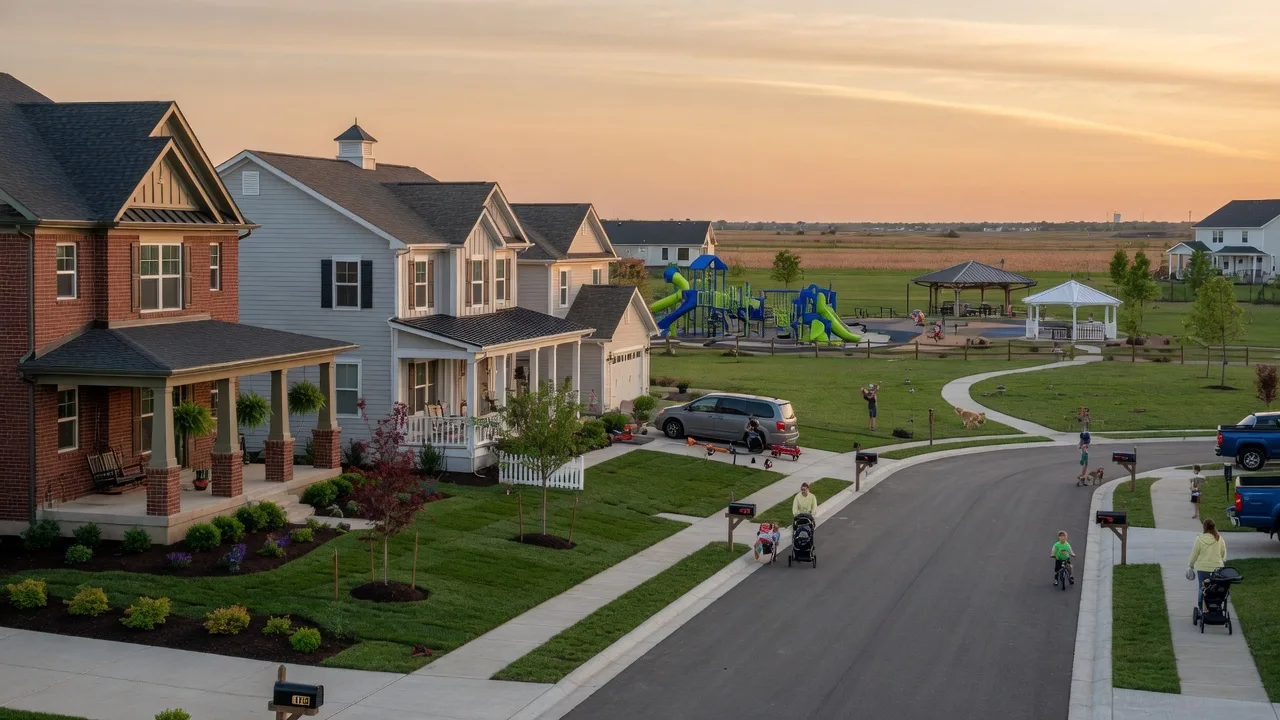 New construction craftsman and farmhouse homes with a neighborhood park in Plainfield, Indiana