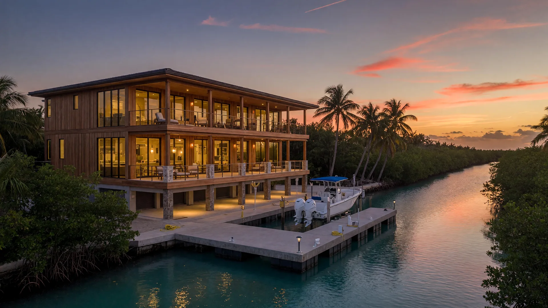 An elevated luxury waterfront estate on Big Pine Key in the Lower Florida Keys at dusk, a modern coastal home raised above a protected canal with warm lights glowing through floor-to-ceiling glass and a private concrete dock and boat lift on still turquoise water