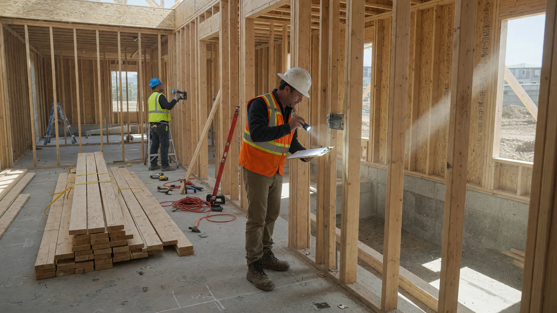 A third-party home inspector in a safety vest and hard hat examining the exposed wood stud framing of a new home under construction, with a second worker in the background
