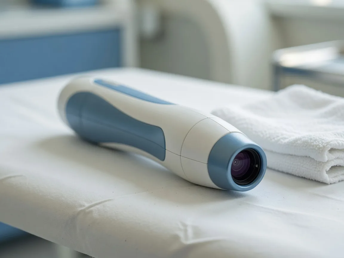 Close-up of a Class IV laser therapy handpiece on a treatment table