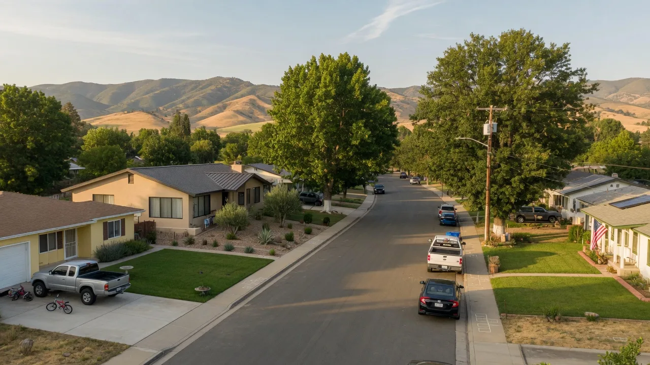 Quiet residential street in Chowchilla, California with ranch-style homes, mature shade trees, and views of the Sierra Nevada foothills