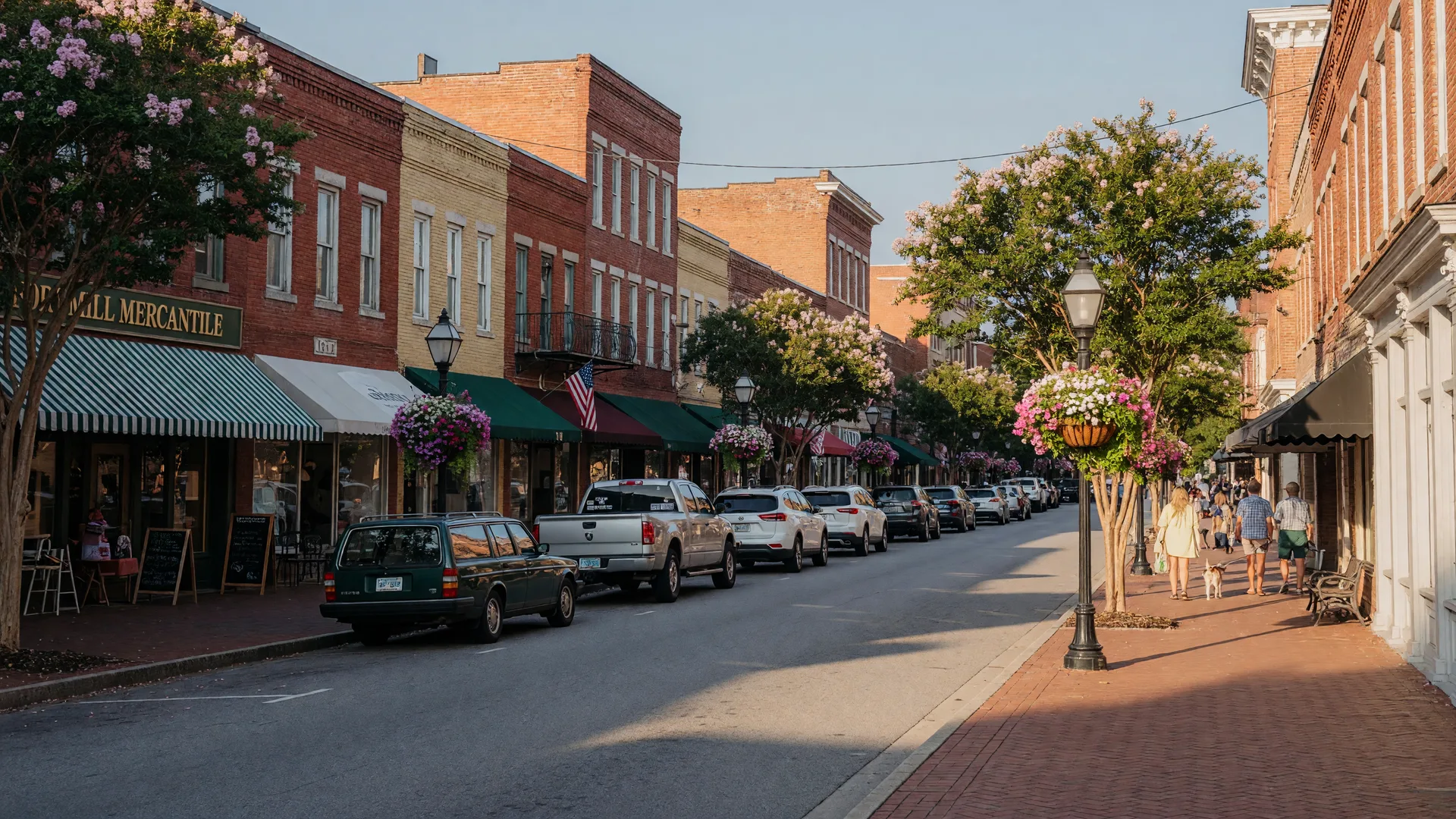 Historic downtown Fort Mill with brick storefronts, hanging flower baskets, and a quiet Main Street