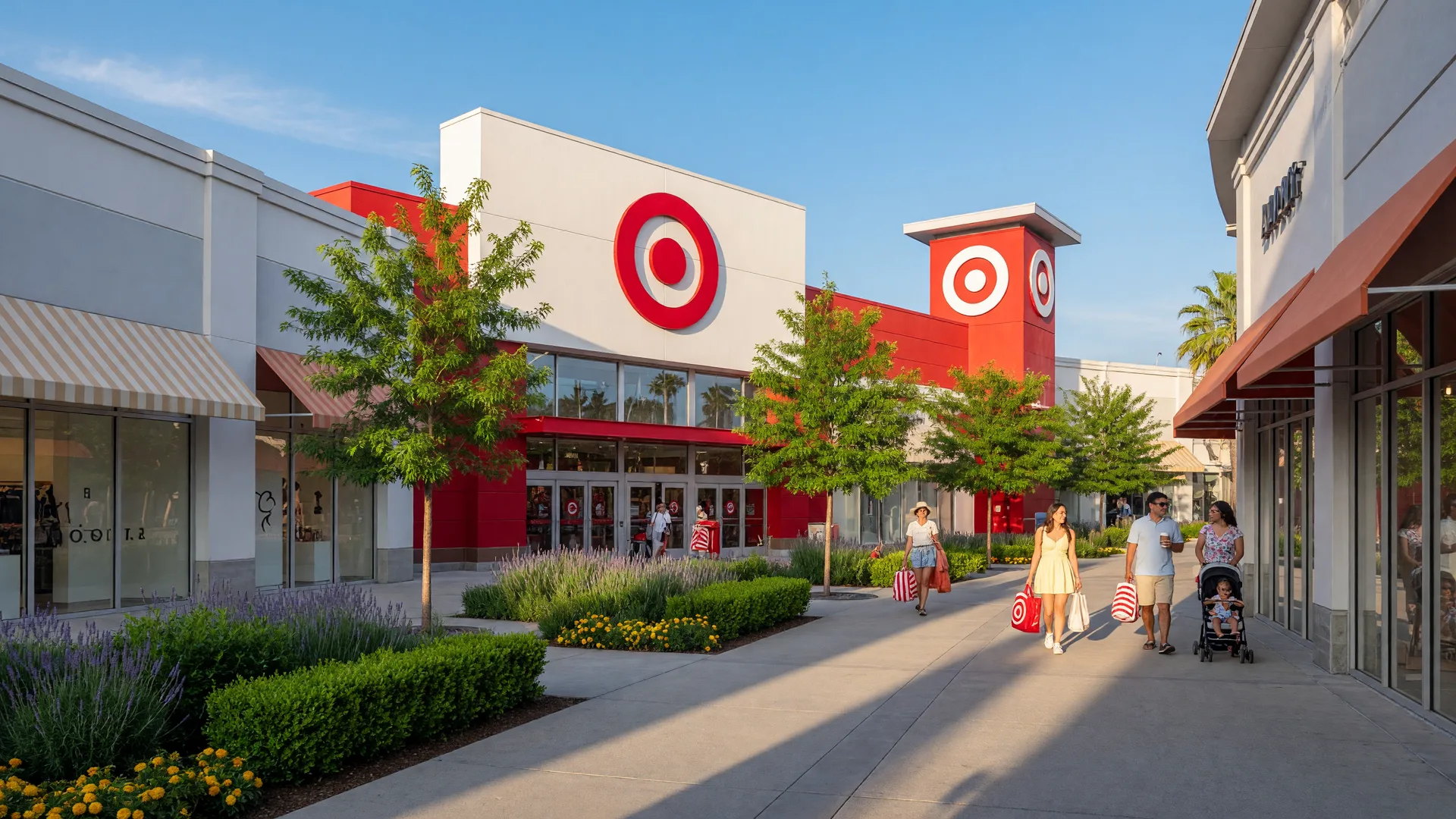 West Orange Plaza retail corridor with the newly opened Target store, landscaped walkways, and shoppers enjoying the bright summer morning