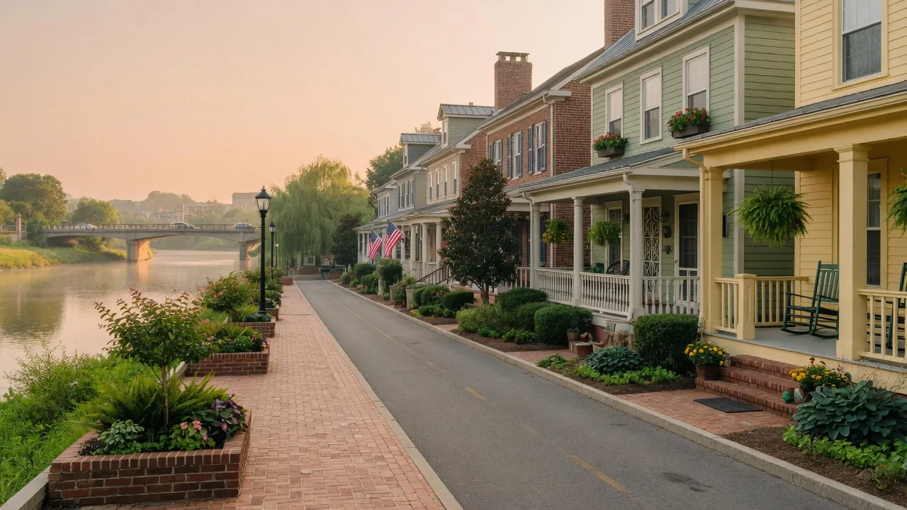 Walkable riverfront neighborhood district in North Augusta SC with sidewalks, porches, and a bridge in the distance