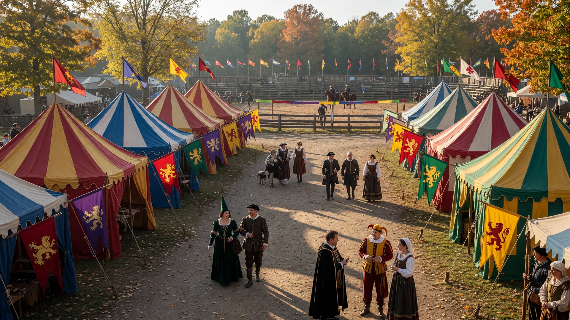 A crisp early-October morning at the Carolina Renaissance Festival near Huntersville, colorful striped festival tents and a jousting arena with costumed performers and heraldic banners under golden light