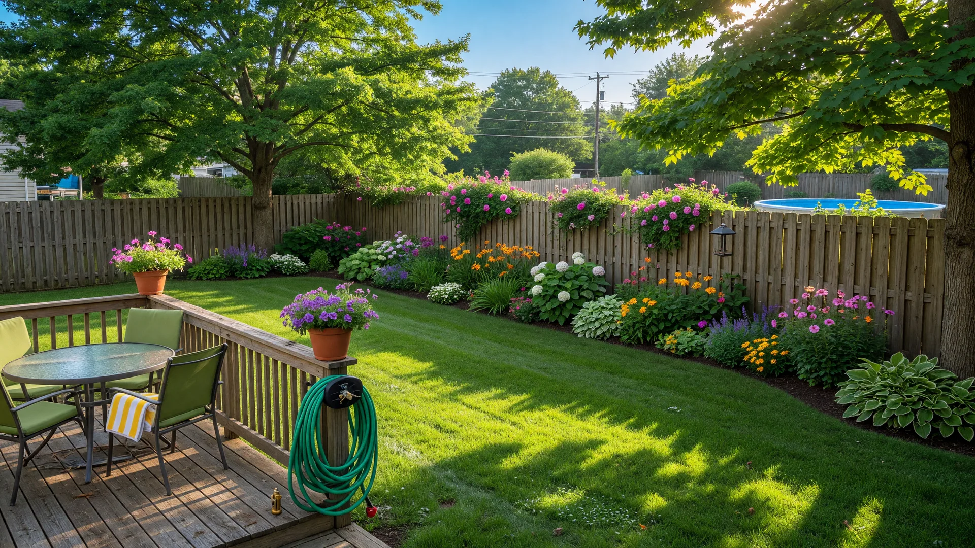 Lush green backyard in South Jersey with wooden deck, patio furniture, blooming flower beds, and warm summer sunlight