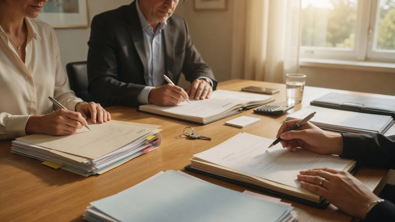 Home buyers signing closing documents at a real estate closing table with papers and pens