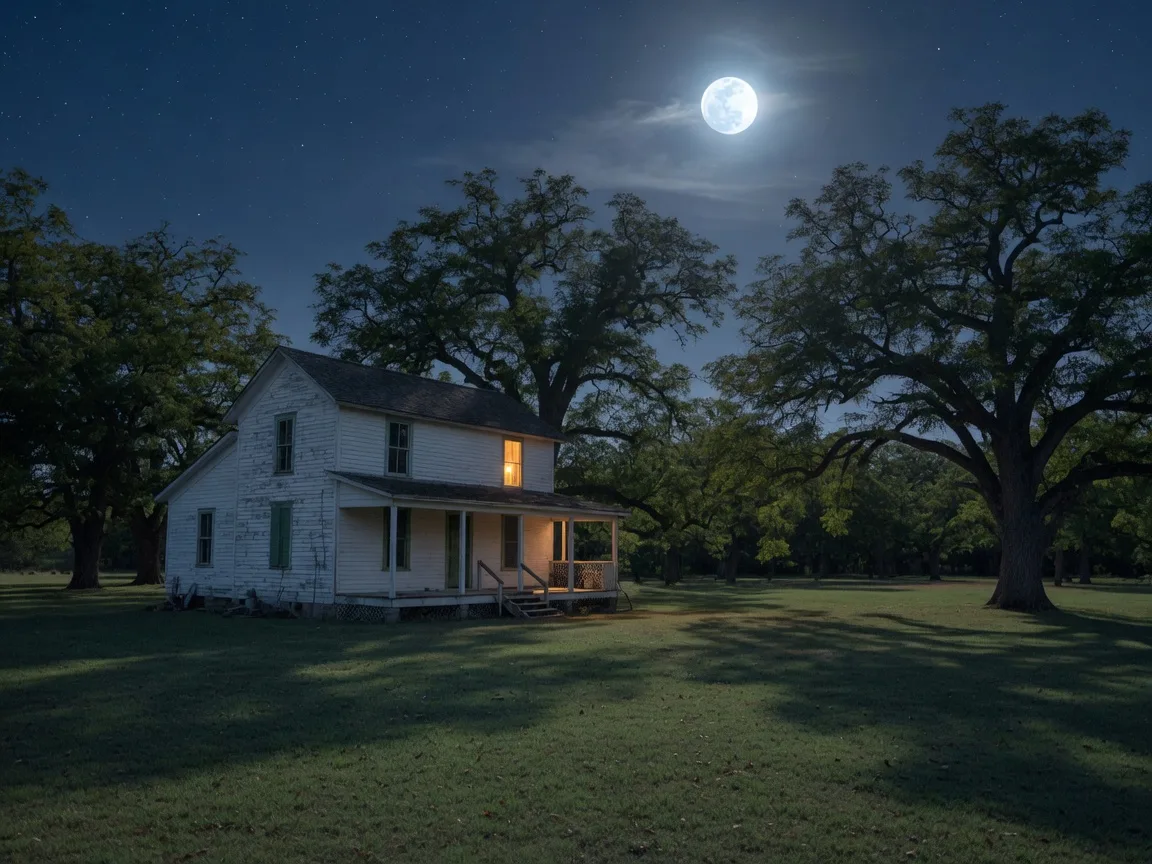 A historic white farmhouse with a covered porch and one warm window light, and a pecan grove under a bright moonlit starry sky