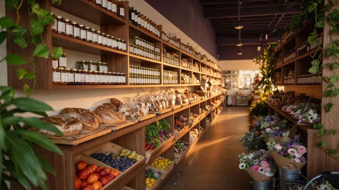 A warm golden-lit grocery store aisle with walnut shelving, fresh produce crates, bakery loaves, and floral bouquets inside a modern Tulsa market