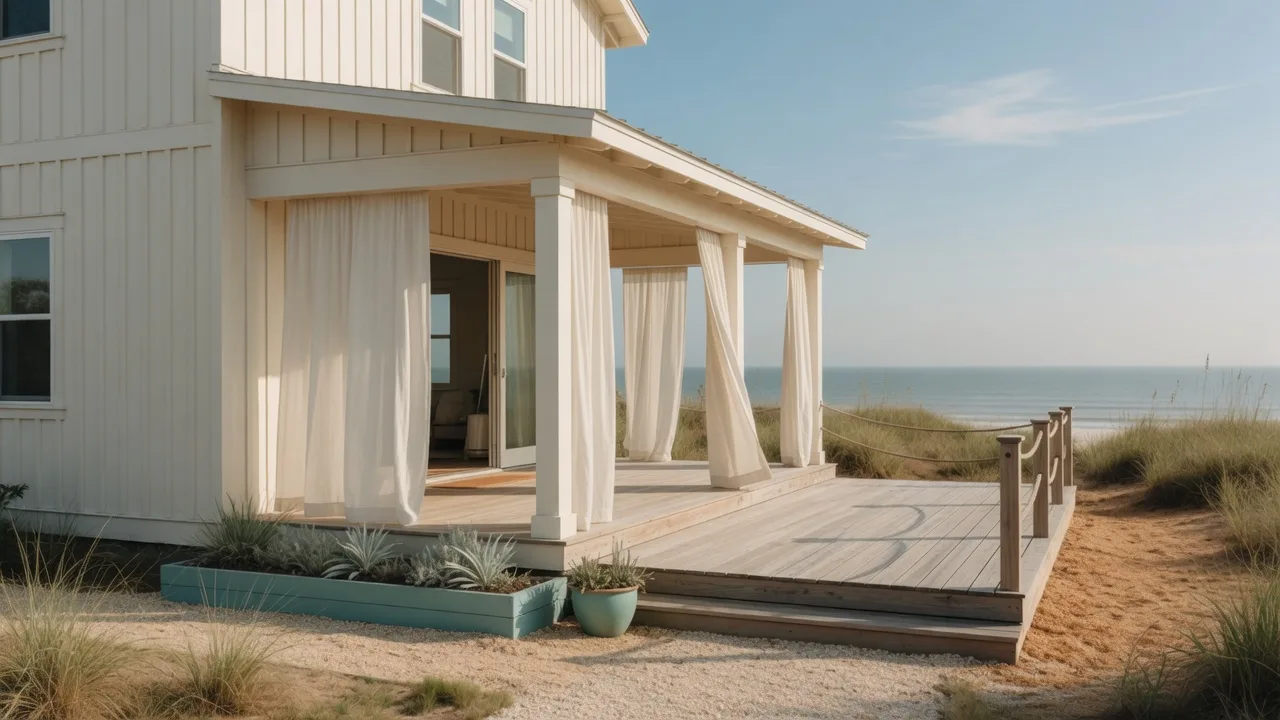 A modern coastal home with pale siding viewed from the street on a bright morning