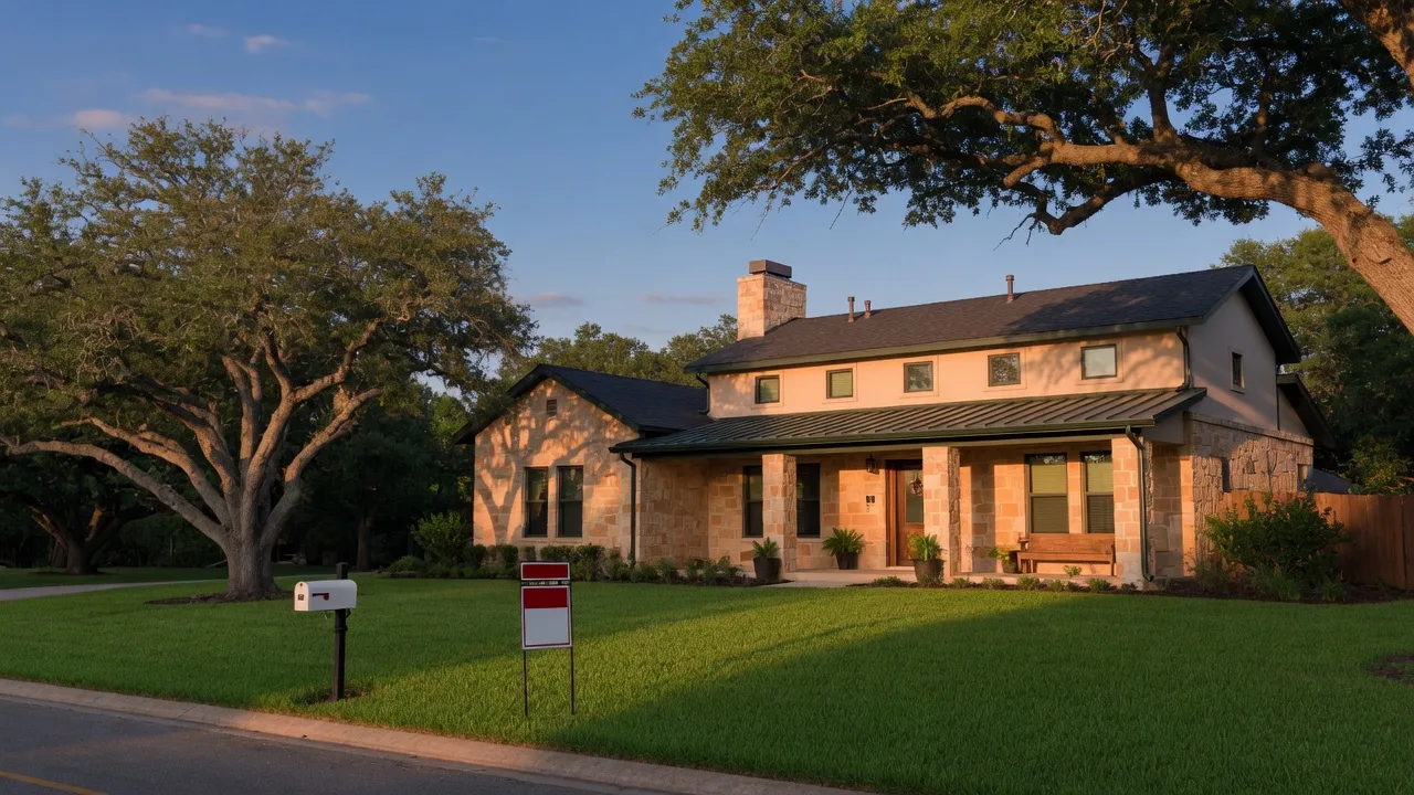 A single-story Texas Hill Country style home in San Antonio at golden hour, the classic San Antonio real estate sight of a for-sale sign at the curb, with live oaks framing the yard