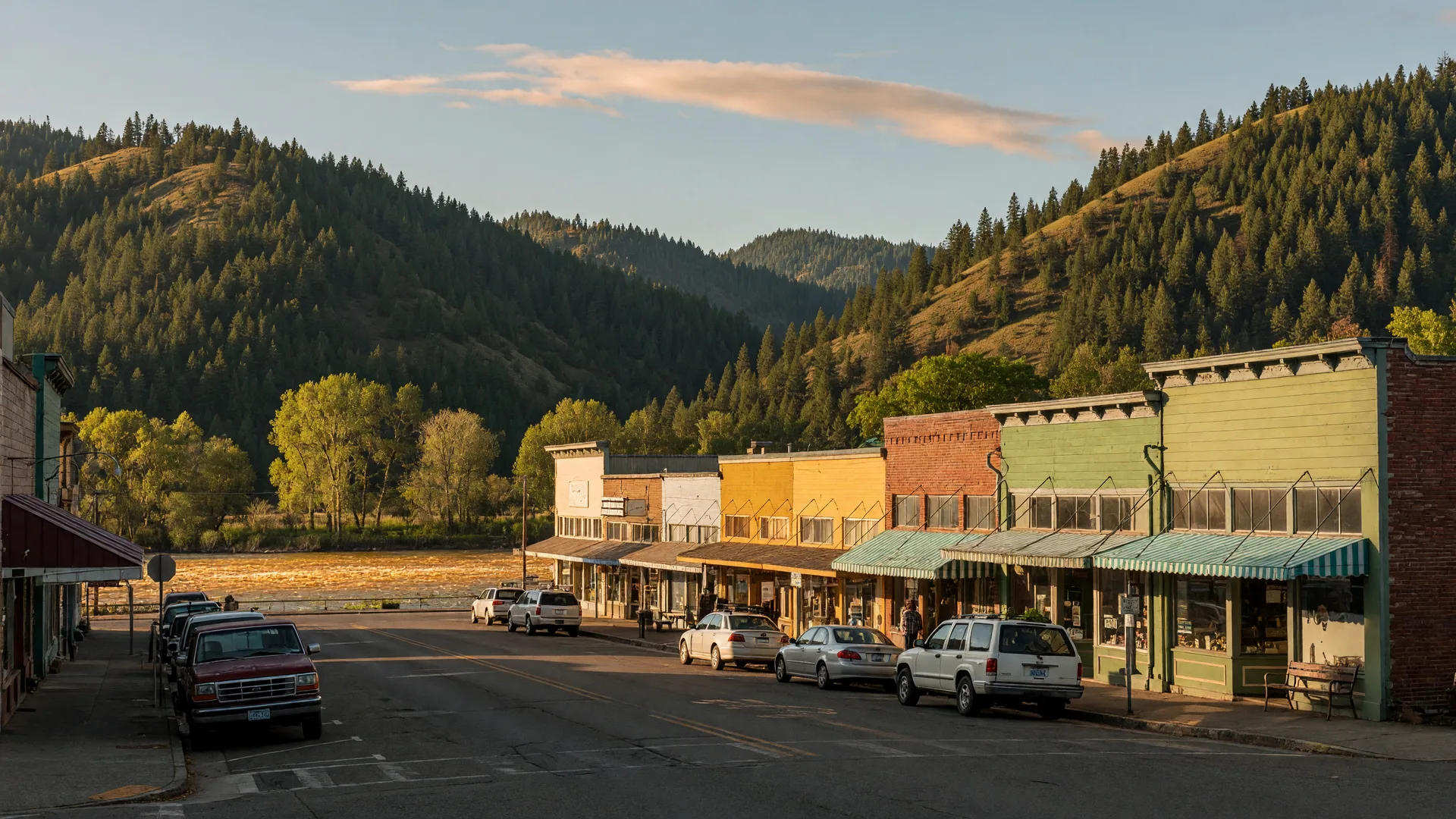 Rogue River's main street at golden hour, the river glinting through the trees behind the shopfronts and green hills rising behind town